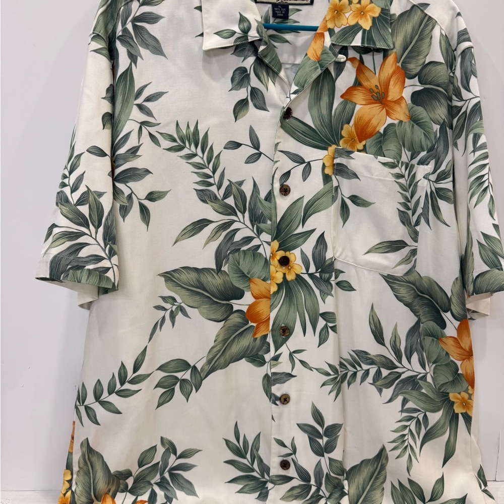 Tommy Bahama Mens Hawaiian Shirt Cream Yellow Green Floral SS 100% Silk Size XL